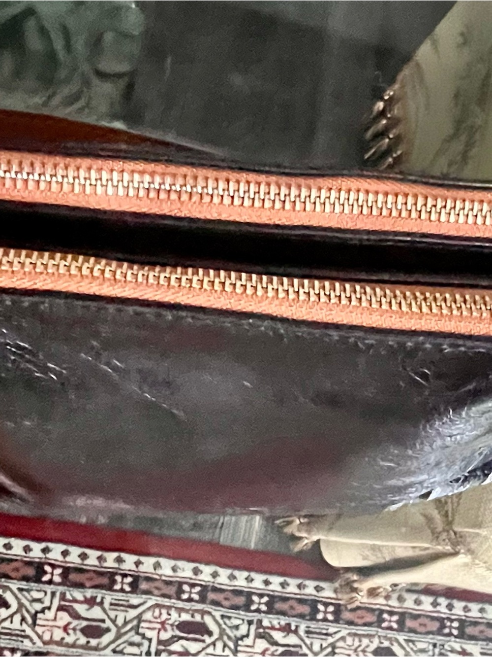 Flawless Valentina Black Patent Shoulder Bag with Tan Strap and Gold Logo Charm - Picture 4 of 8